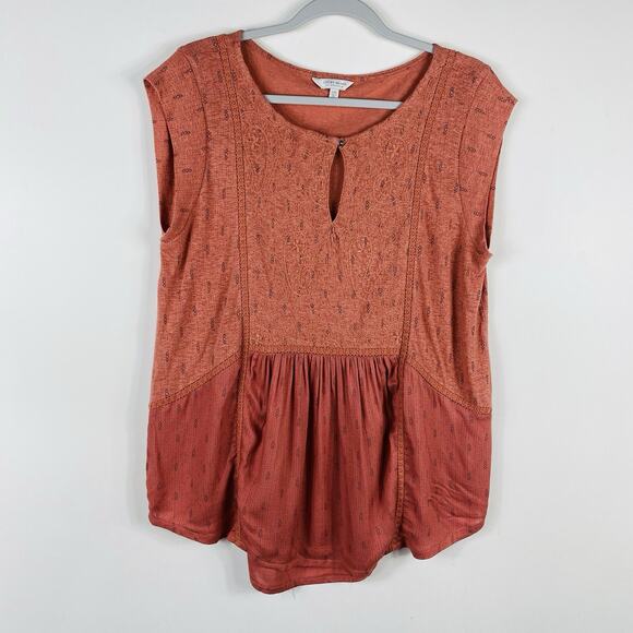 Lucky Brand Size Large Linen Blend Embroidered Keyhole Cap Sleeve Top Orange - Picture 2 of 4